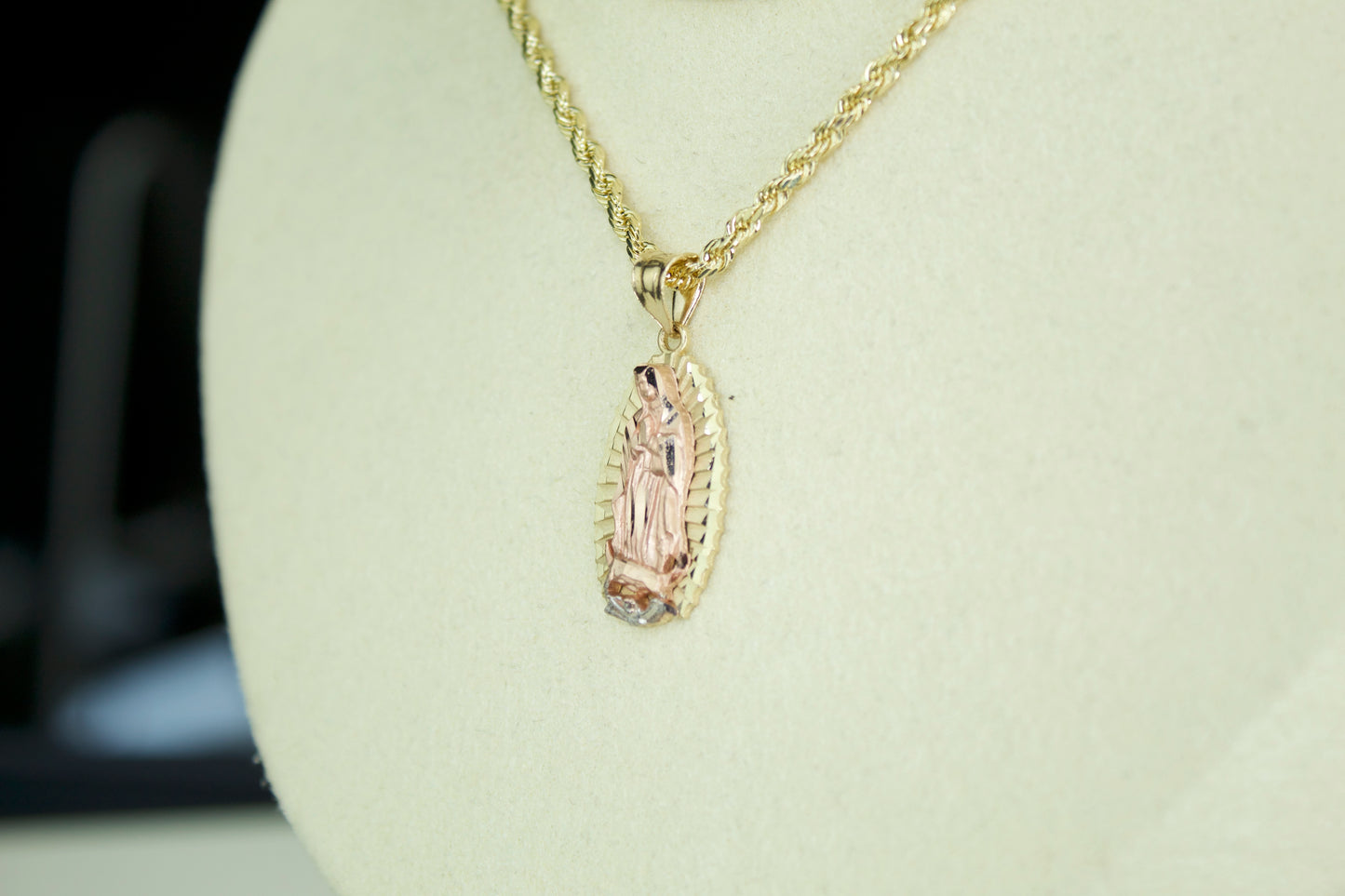 Virgencita Diamond-Cut Pendant | 14K | 3-Tone | Optional Hollow 20” Rope Chain Set