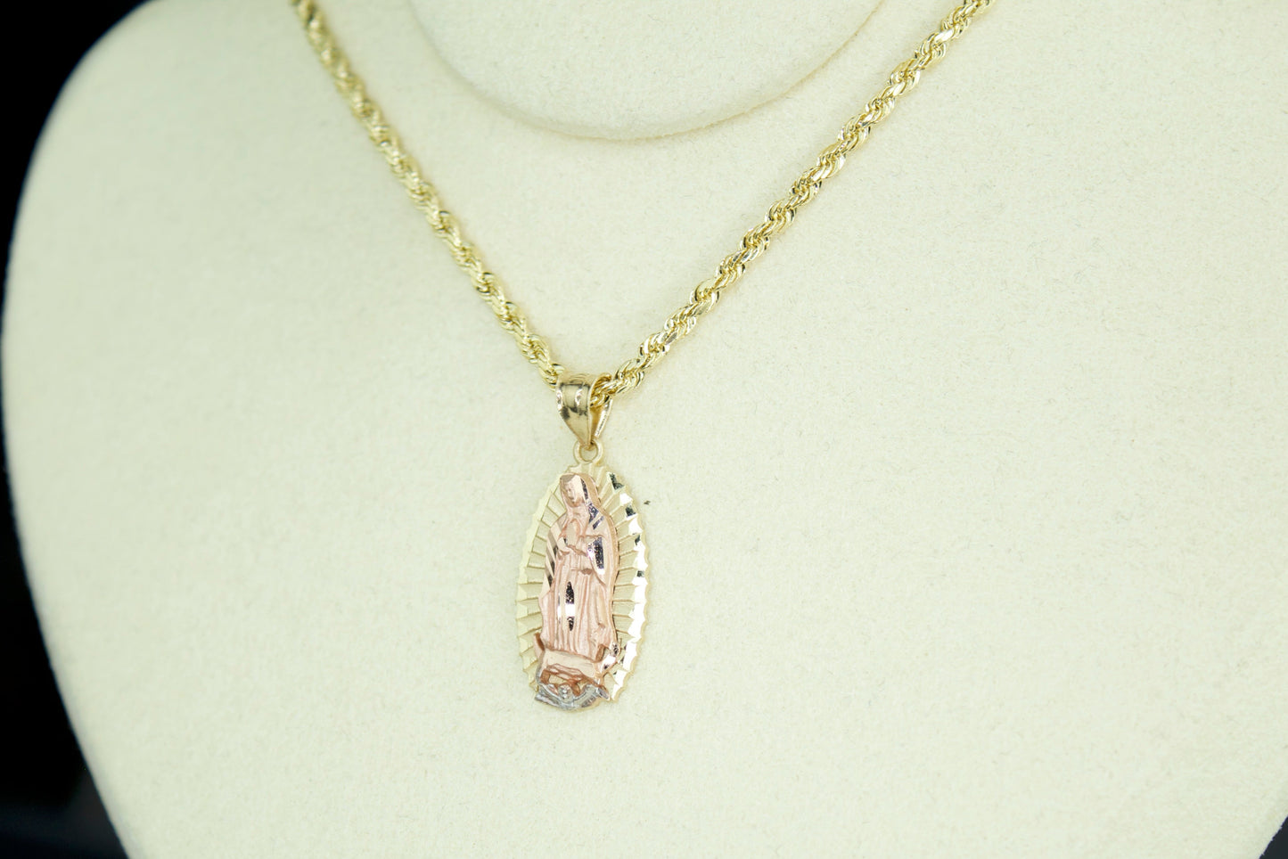 Virgencita Diamond-Cut Pendant | 14K | 3-Tone | Optional Hollow 20” Rope Chain Set
